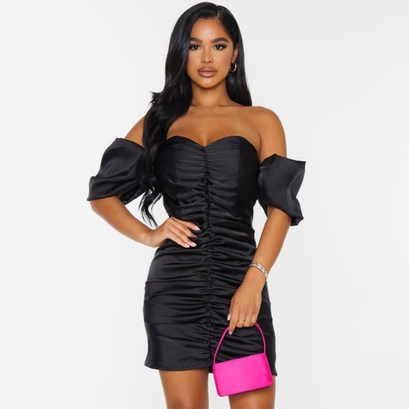 PrettyLittleThing Black Satin Puff Sleeve Ruched Mini Dress - Picture 1 of 5